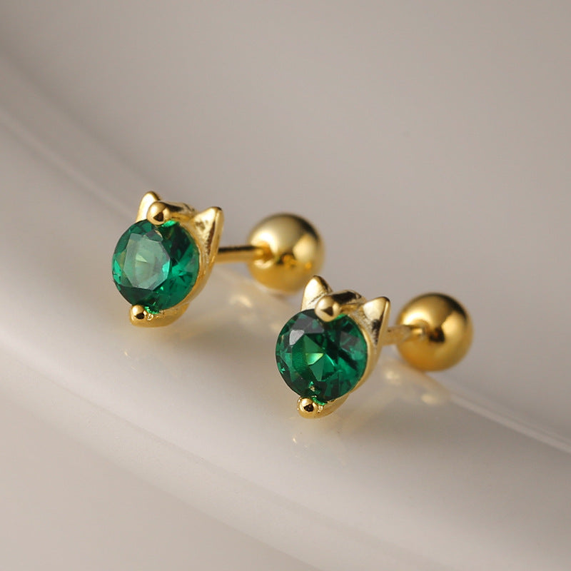Handmade 925 Sterling Silver Green Cat Studs