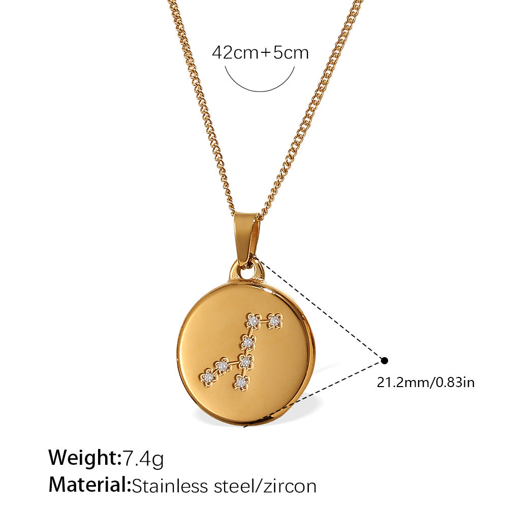 Celestial Destiny: Zircon-Inlaid Zodiac Medallion Necklace in Titanium Steel