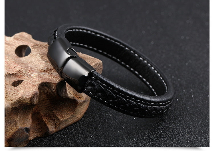 The Midnight Stealth: Black Leather & Titanium Steel Bracelet