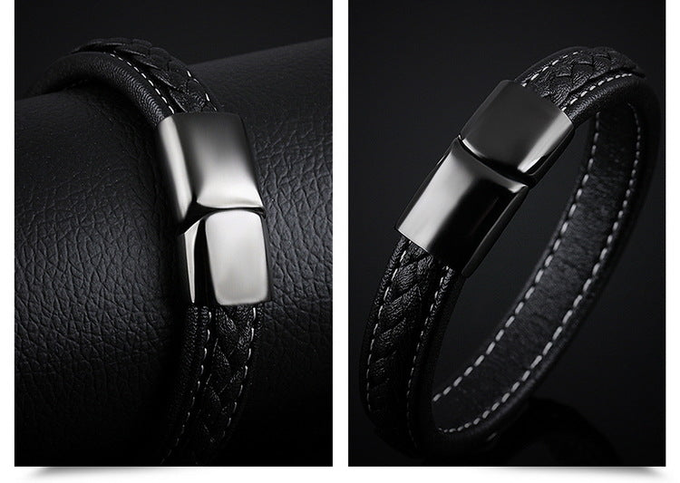 The Midnight Stealth: Black Leather & Titanium Steel Bracelet