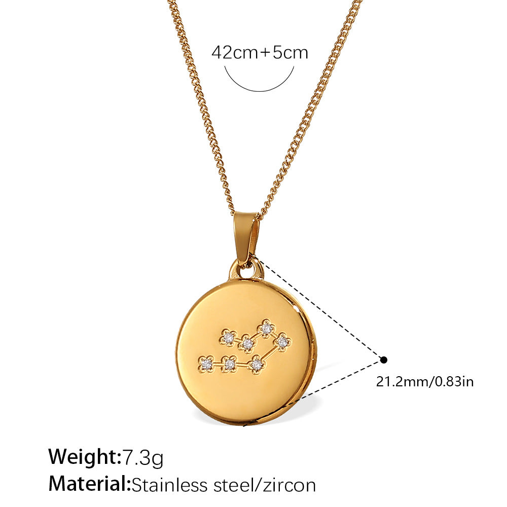 Celestial Destiny: Zircon-Inlaid Zodiac Medallion Necklace in Titanium Steel