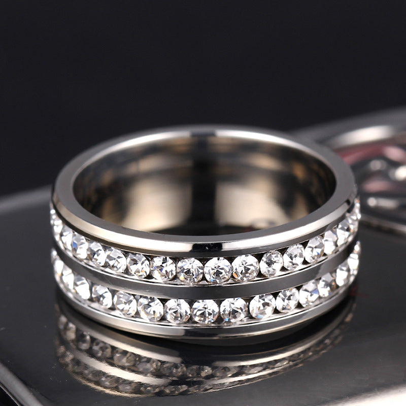 Double Brilliance: Dual-Row Crystal Titanium Statement Band