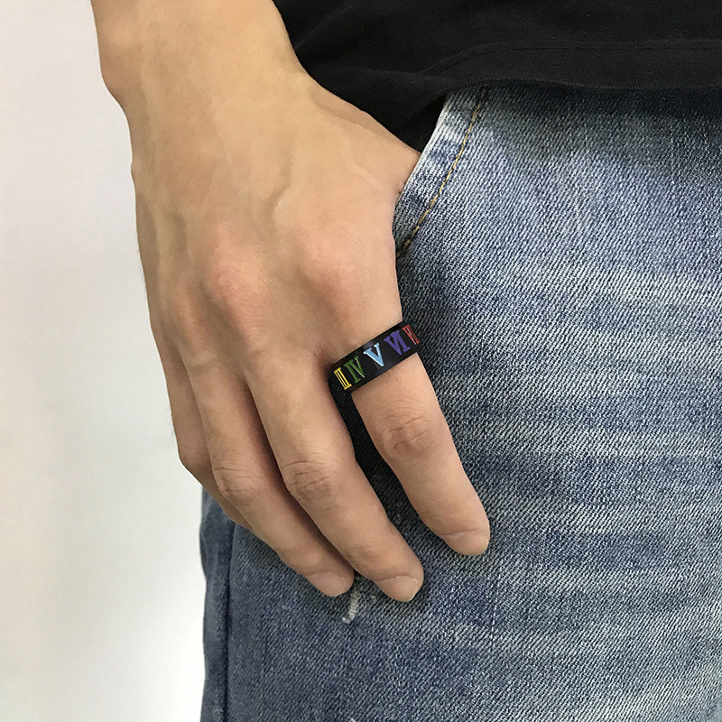 Vibrant Legacy: Rainbow Roman Numeral Titanium Ring