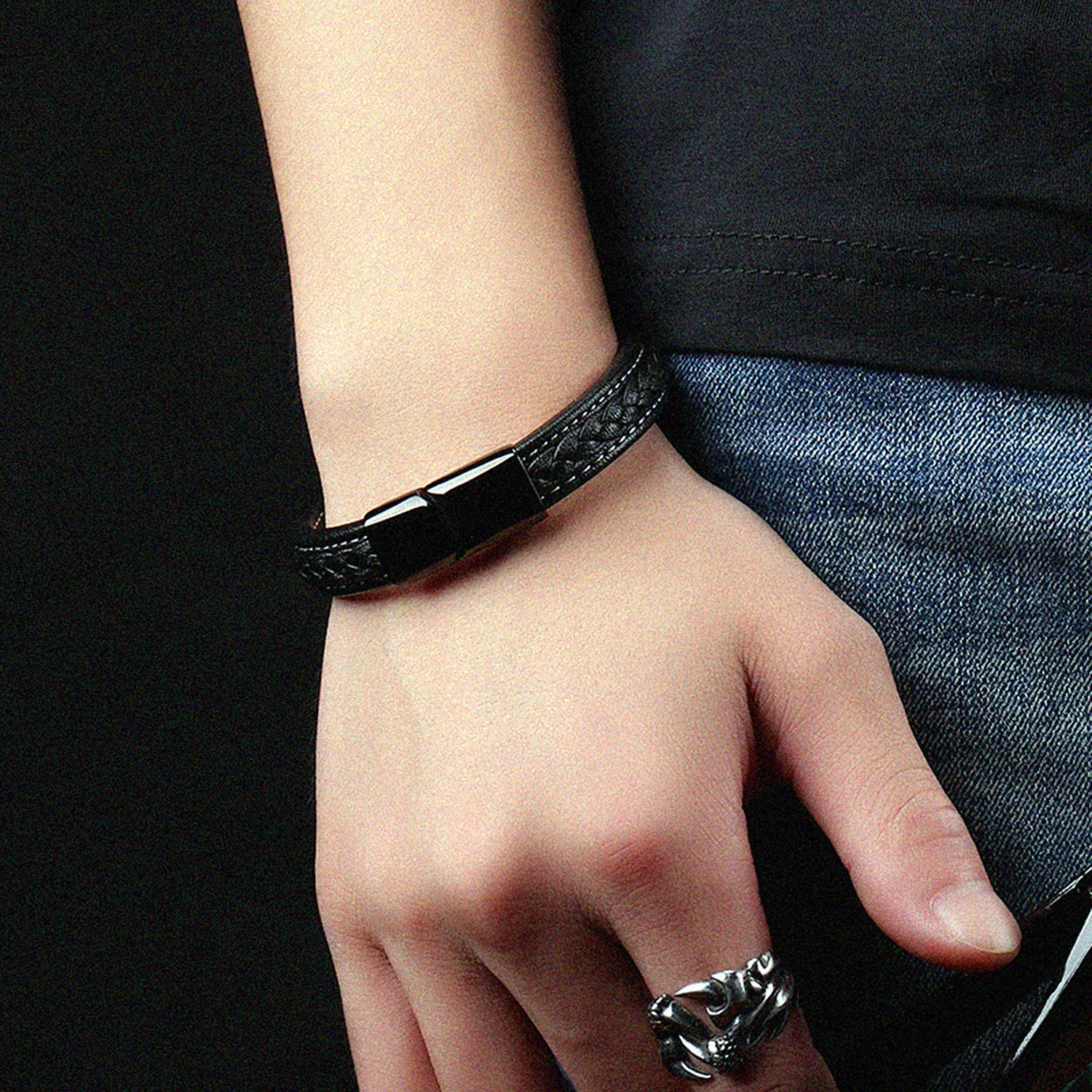 The Midnight Stealth: Black Leather & Titanium Steel Bracelet