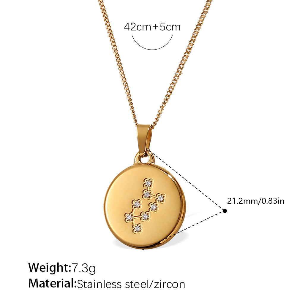 Celestial Destiny: Zircon-Inlaid Zodiac Medallion Necklace in Titanium Steel