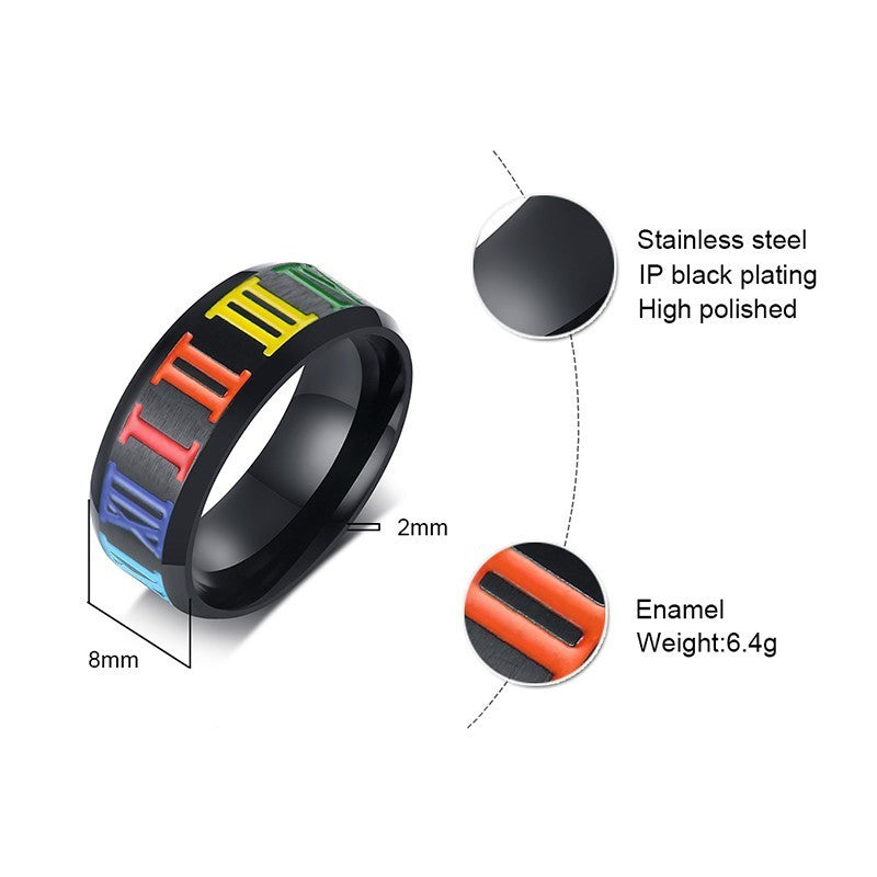 Vibrant Legacy: Rainbow Roman Numeral Titanium Ring