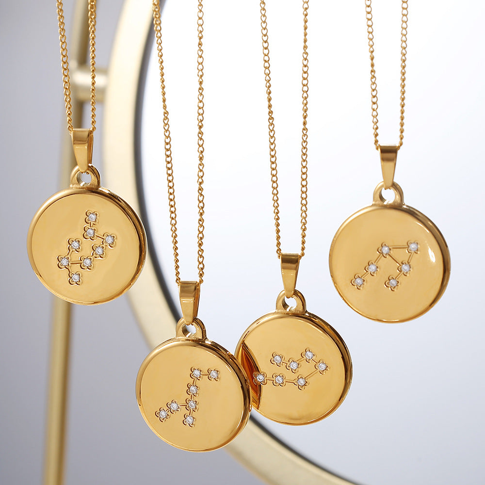 Celestial Destiny: Zircon-Inlaid Zodiac Medallion Necklace in Titanium Steel