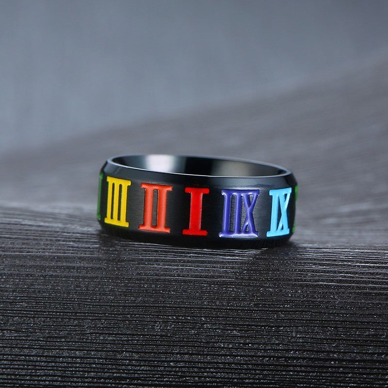 Vibrant Legacy: Rainbow Roman Numeral Titanium Ring