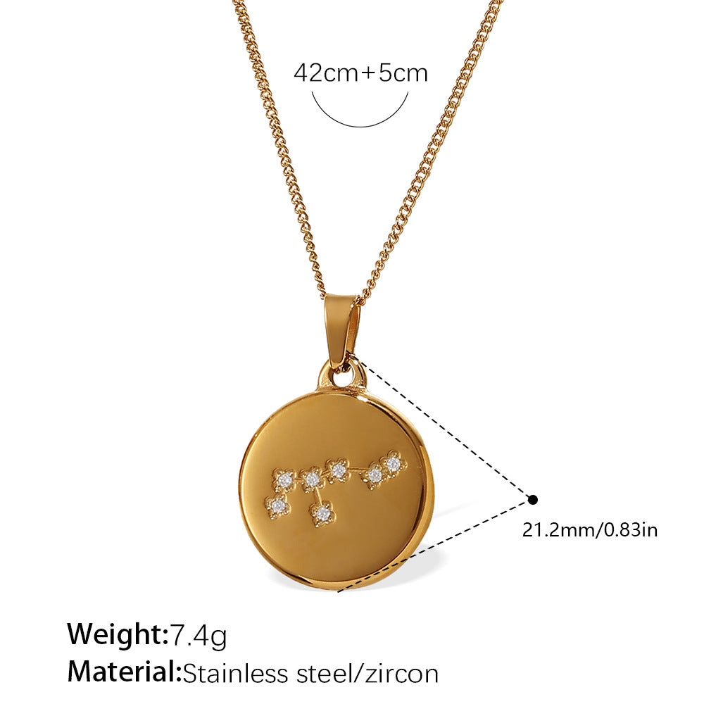 Celestial Destiny: Zircon-Inlaid Zodiac Medallion Necklace in Titanium Steel