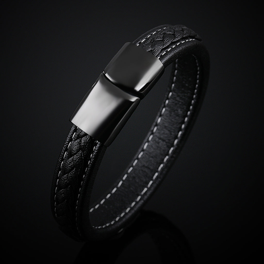 The Midnight Stealth: Black Leather & Titanium Steel Bracelet