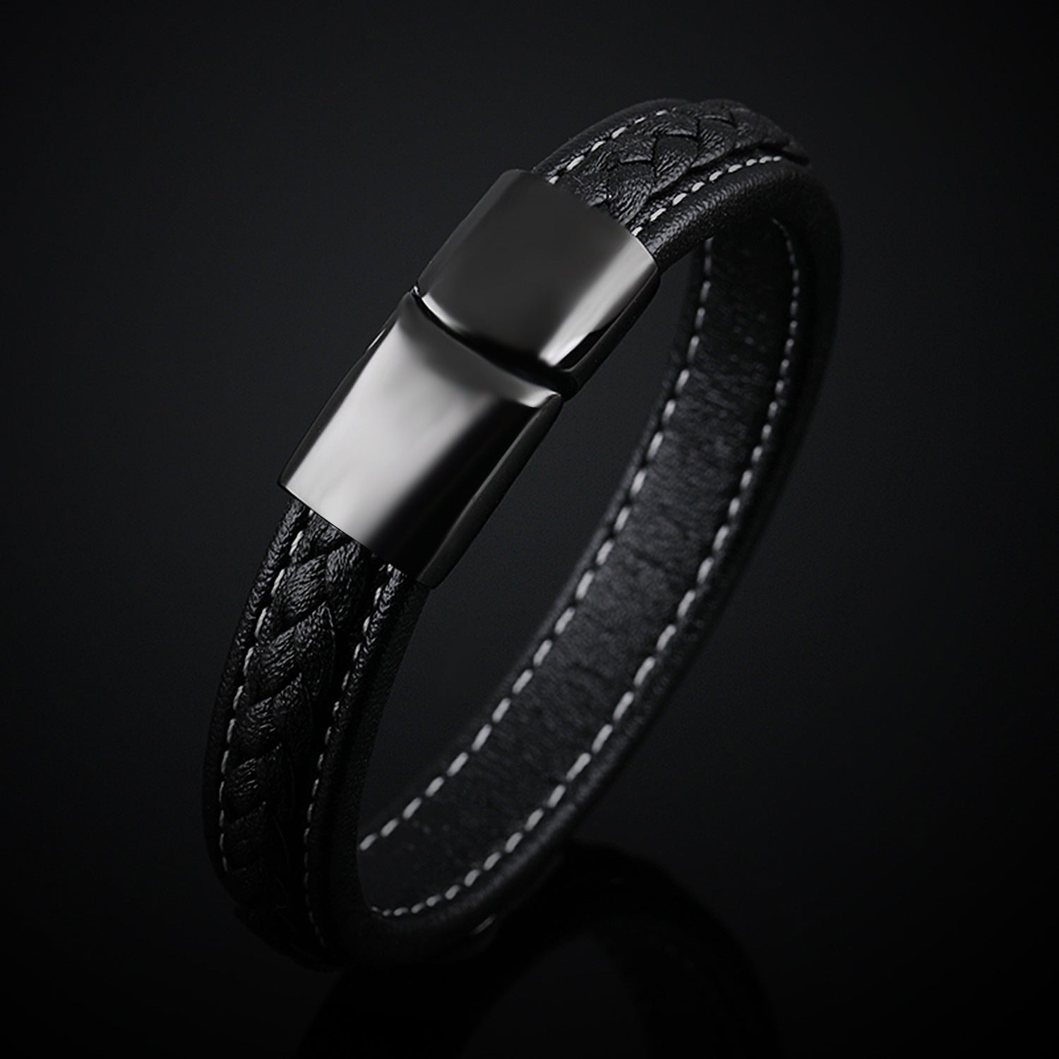 The Midnight Stealth: Black Leather & Titanium Steel Bracelet