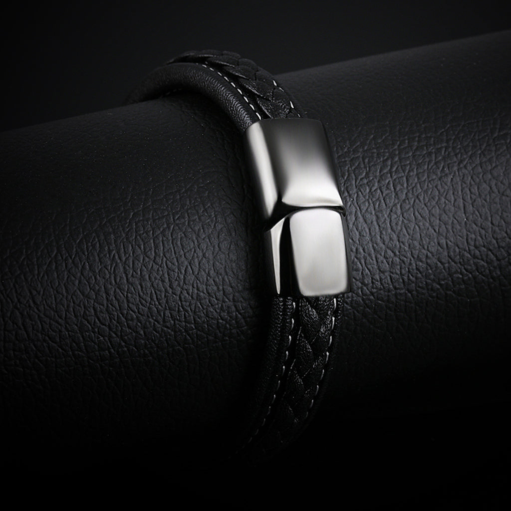 The Midnight Stealth: Black Leather & Titanium Steel Bracelet