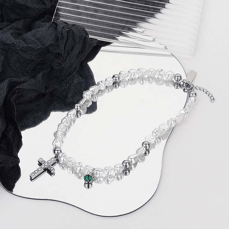 The Ethereal Pearl: Cross & Ghost Titanium Necklace
