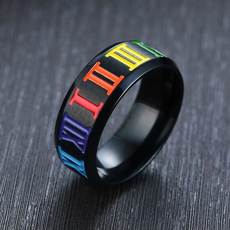 Vibrant Legacy: Rainbow Roman Numeral Titanium Ring