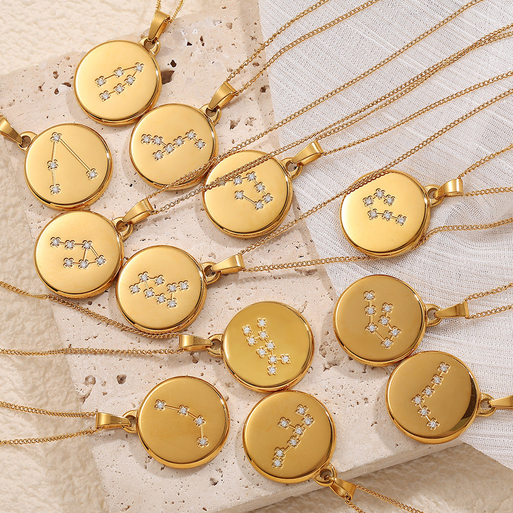 Celestial Destiny: Zircon-Inlaid Zodiac Medallion Necklace in Titanium Steel