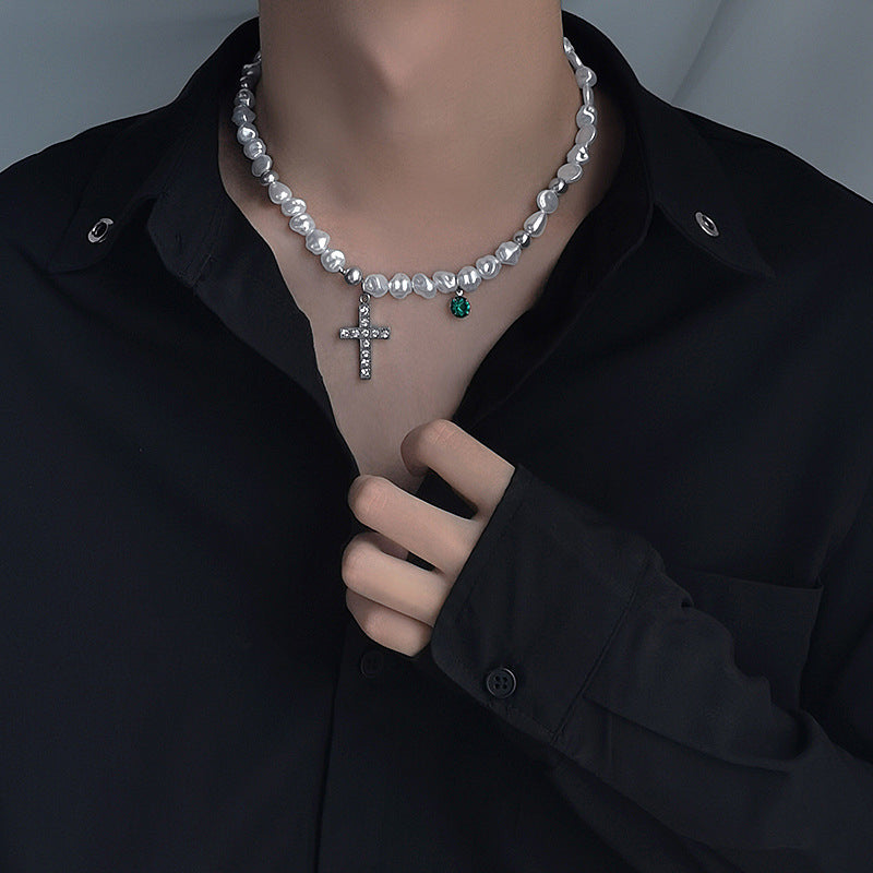 The Ethereal Pearl: Cross & Ghost Titanium Necklace