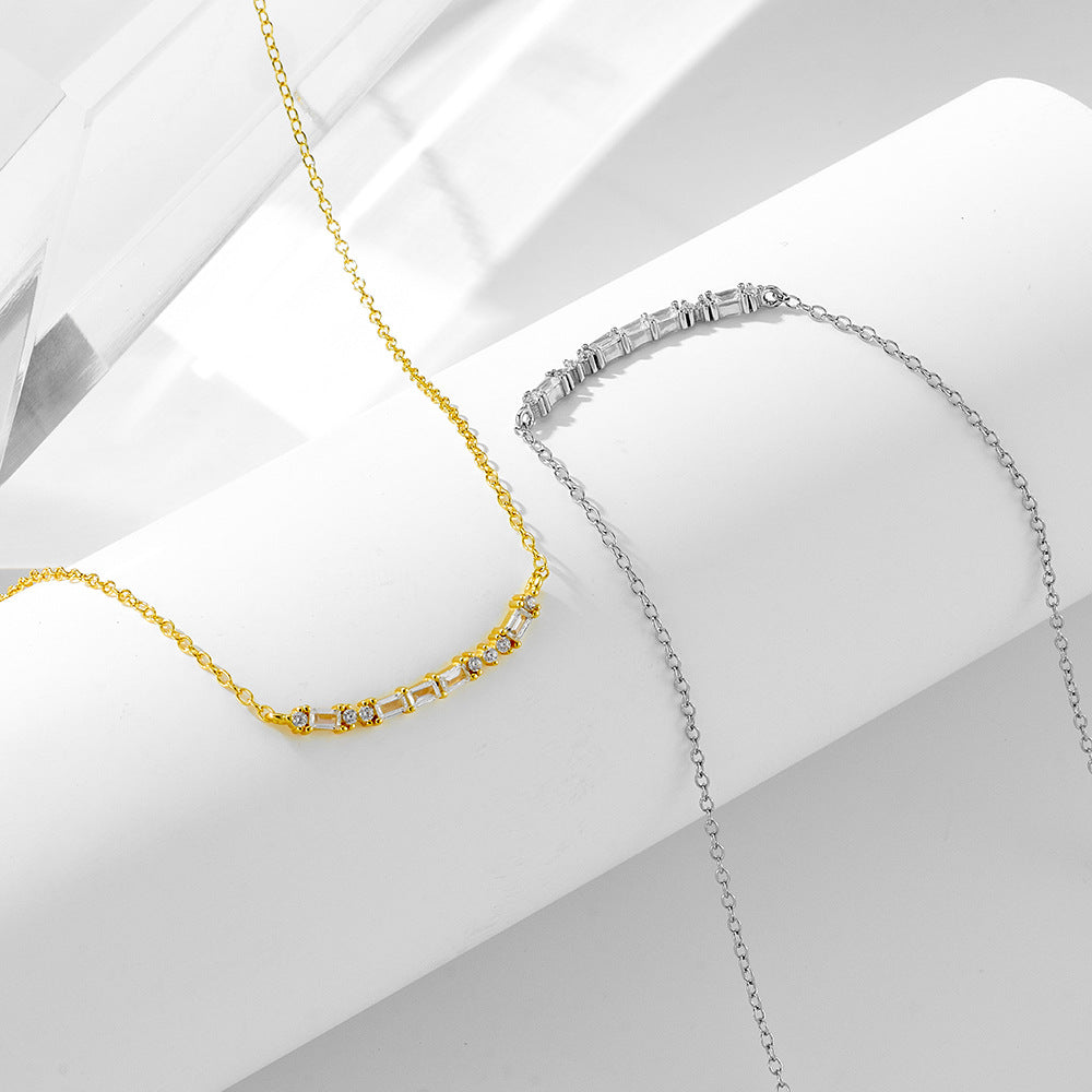 The Radiant Smile: 925 Sterling Silver Square Zircon Bar Necklace