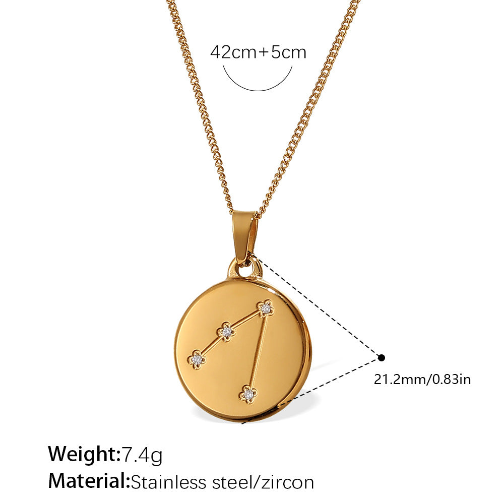 Celestial Destiny: Zircon-Inlaid Zodiac Medallion Necklace in Titanium Steel
