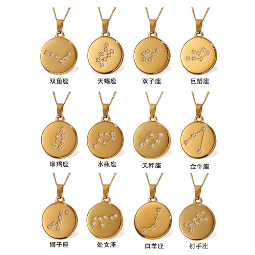 Celestial Destiny: Zircon-Inlaid Zodiac Medallion Necklace in Titanium Steel