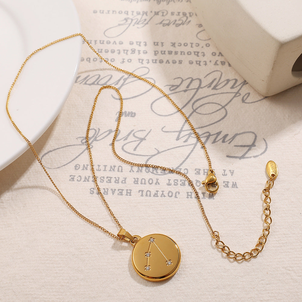 Celestial Destiny: Zircon-Inlaid Zodiac Medallion Necklace in Titanium Steel