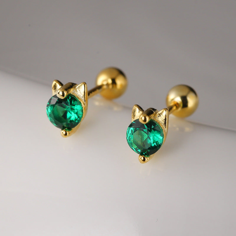 Handmade 925 Sterling Silver Green Cat Studs