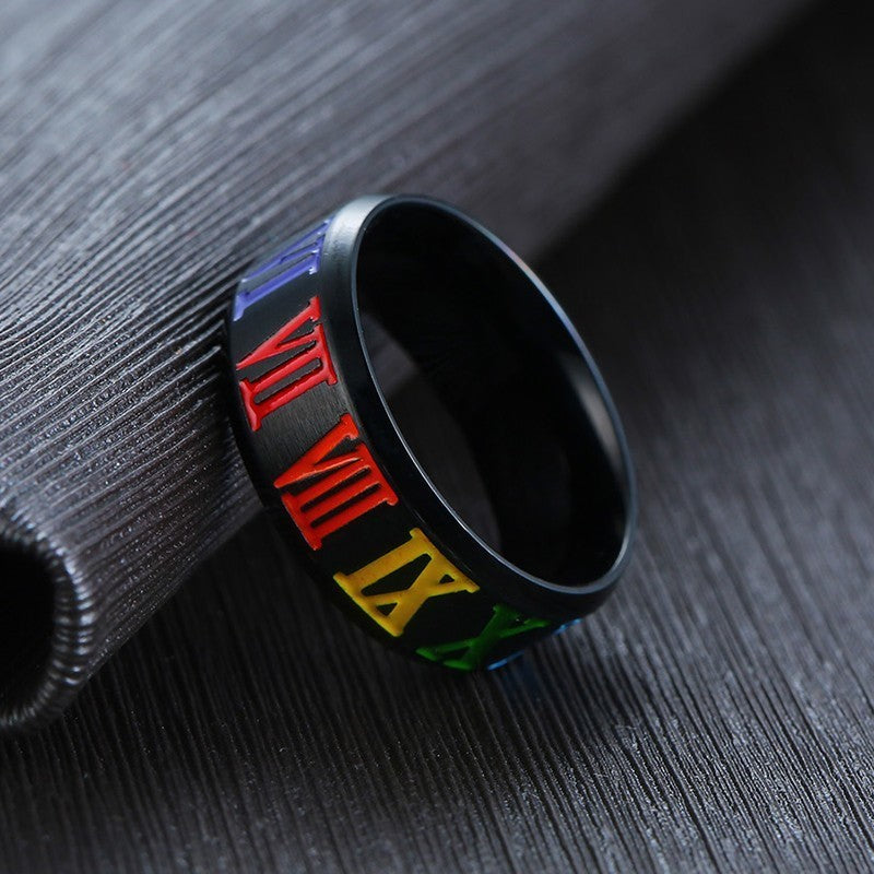 Vibrant Legacy: Rainbow Roman Numeral Titanium Ring