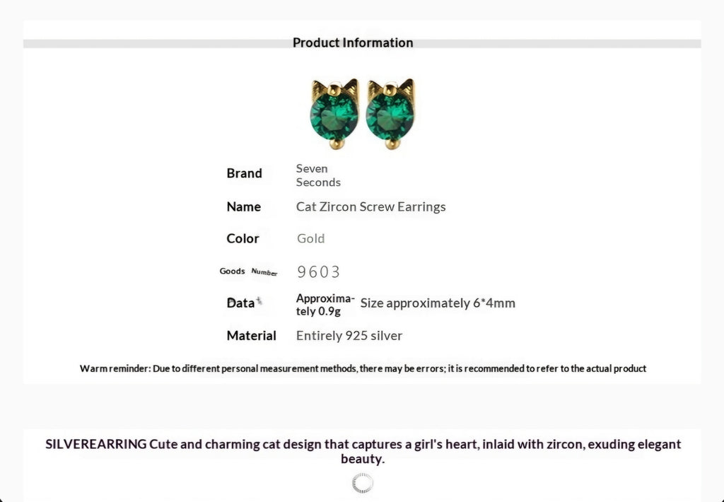 Handmade 925 Sterling Silver Green Cat Studs