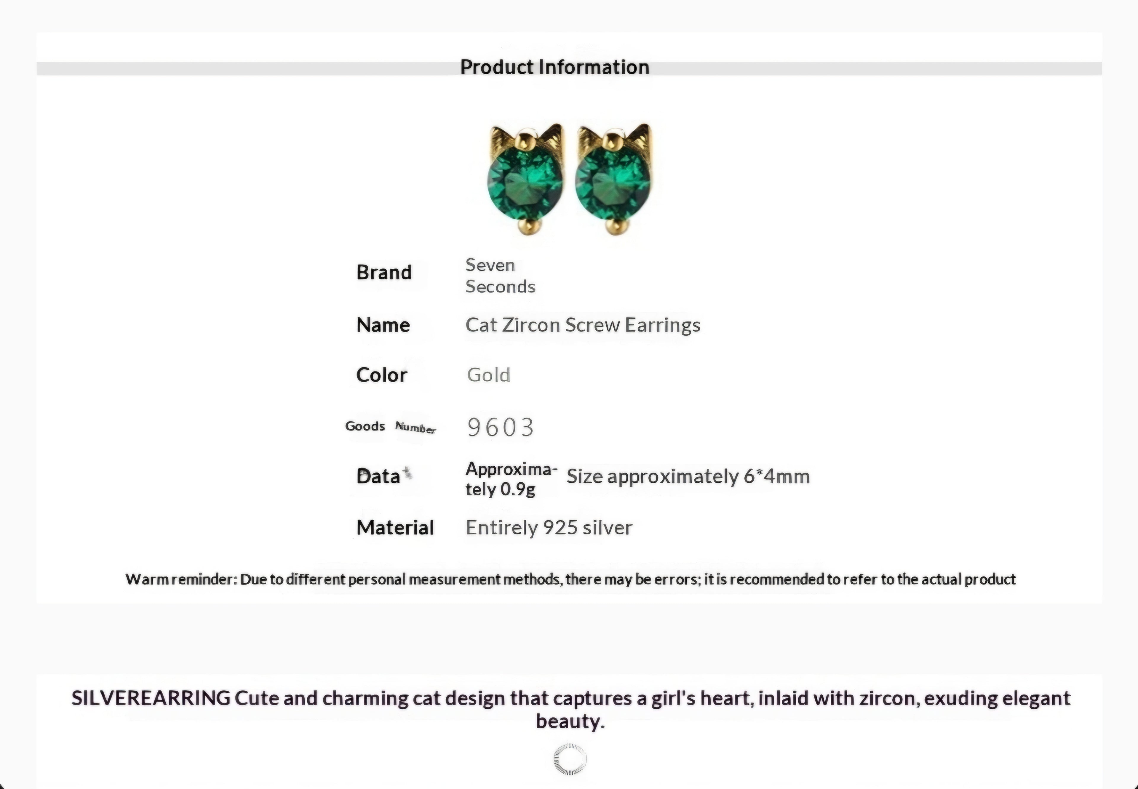 Handmade 925 Sterling Silver Green Cat Studs