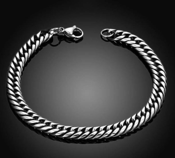 The Sterling Titan: Silver-Inlay Geometric Link Bracelet