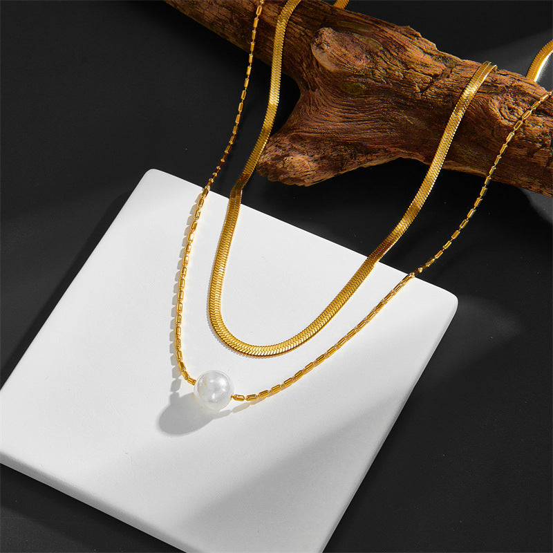 Double Layered Pearl & Geometric Necklace | Premium Titanium Collection