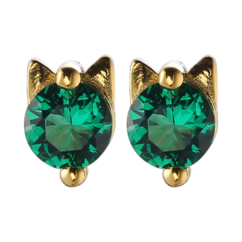 Handmade 925 Sterling Silver Green Cat Studs