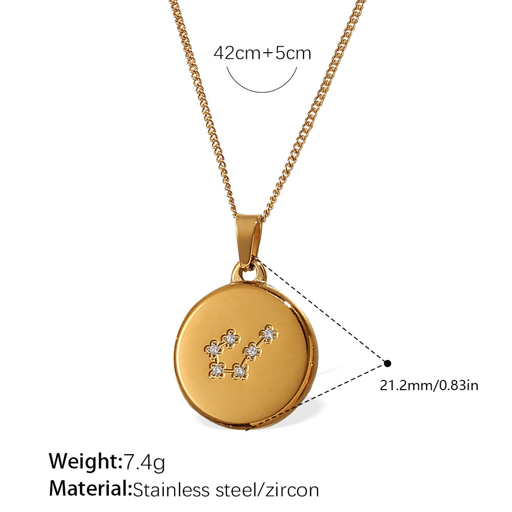 Celestial Destiny: Zircon-Inlaid Zodiac Medallion Necklace in Titanium Steel