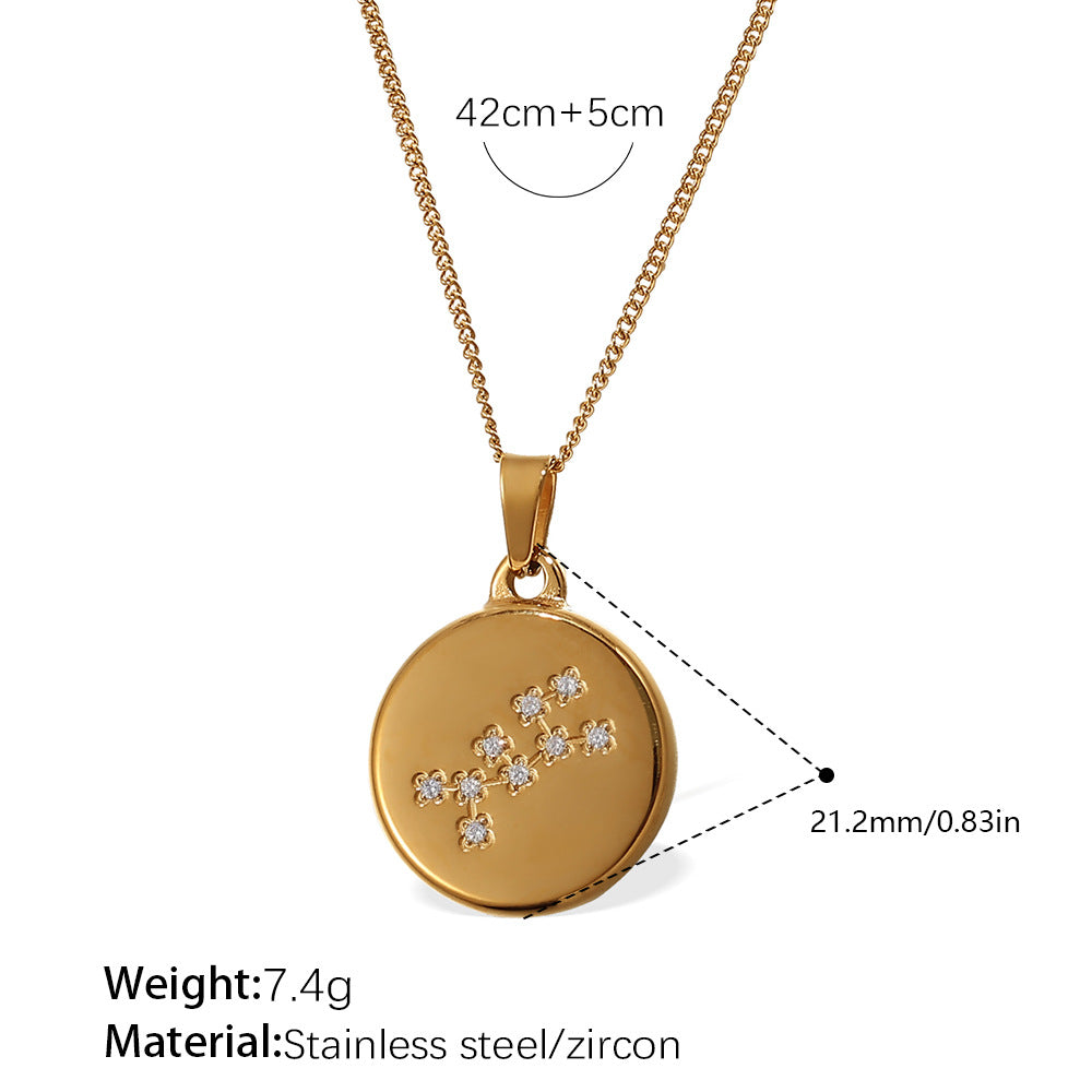 Celestial Destiny: Zircon-Inlaid Zodiac Medallion Necklace in Titanium Steel