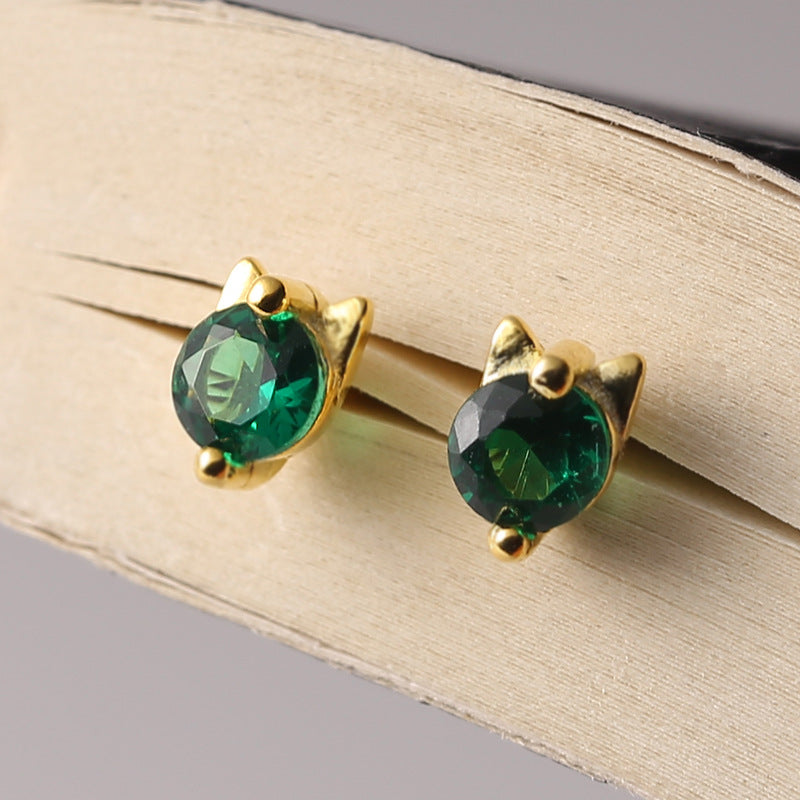 Handmade 925 Sterling Silver Green Cat Studs