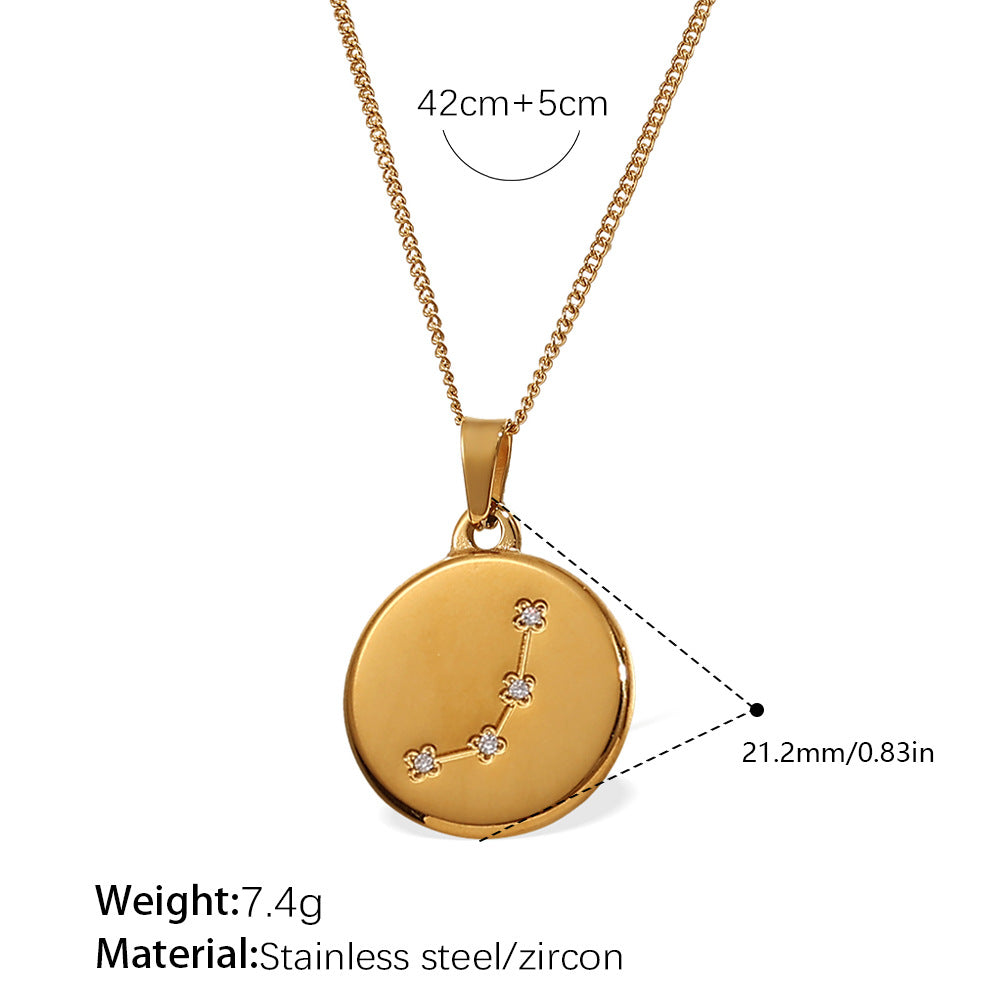 Celestial Destiny: Zircon-Inlaid Zodiac Medallion Necklace in Titanium Steel