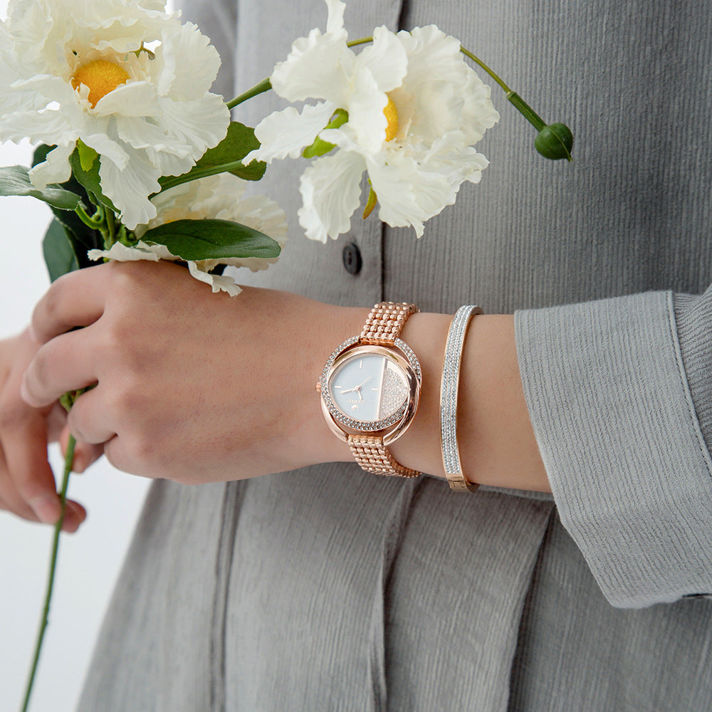 Oval Quartz Watch & Titanium Steel Bracelet Set