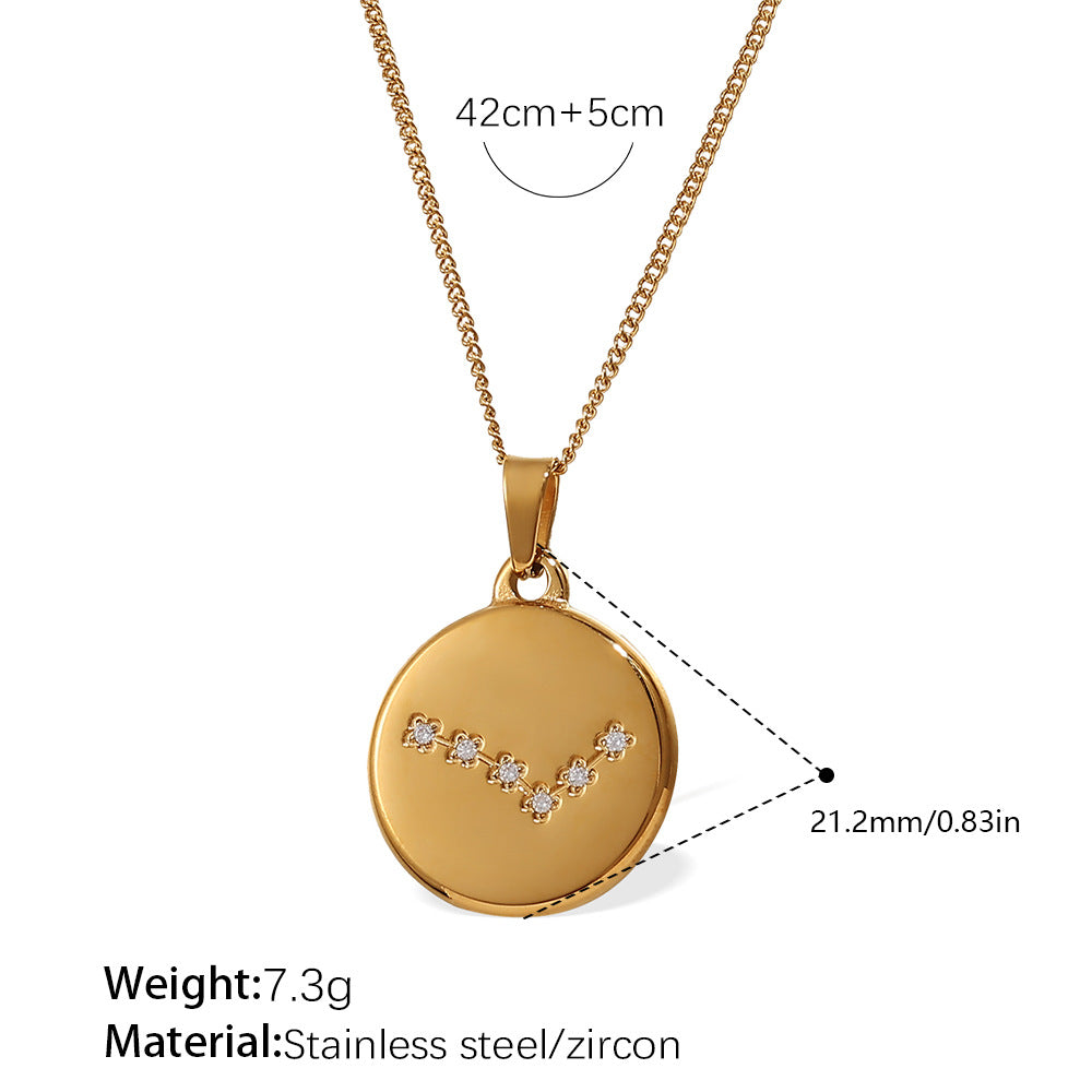 Celestial Destiny: Zircon-Inlaid Zodiac Medallion Necklace in Titanium Steel