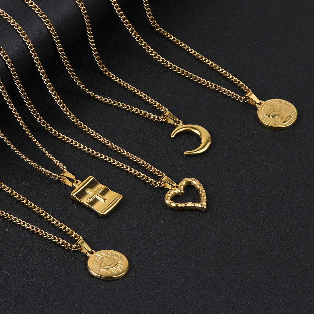 Moon Cross Titanium Steel Heart Necklace