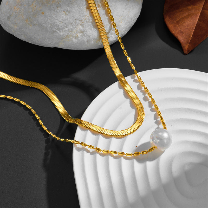 Double Layered Pearl & Geometric Necklace | Premium Titanium Collection