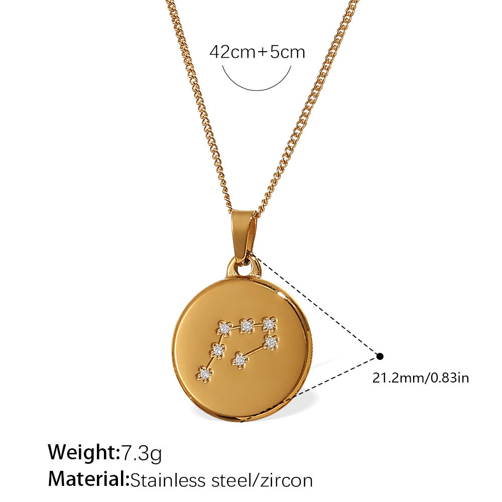 Celestial Destiny: Zircon-Inlaid Zodiac Medallion Necklace in Titanium Steel
