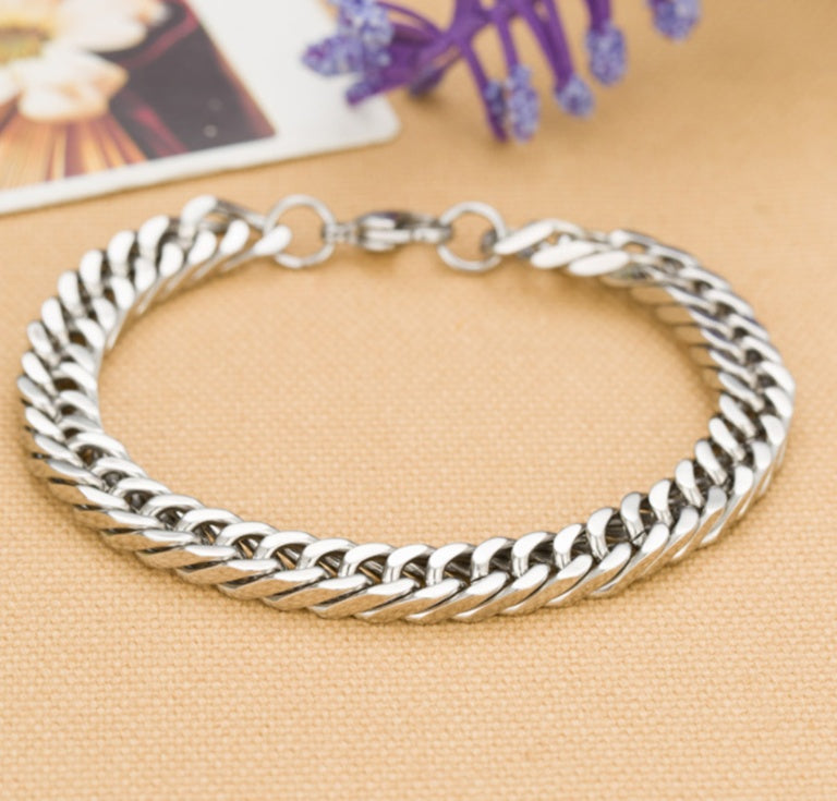 The Sterling Titan: Silver-Inlay Geometric Link Bracelet