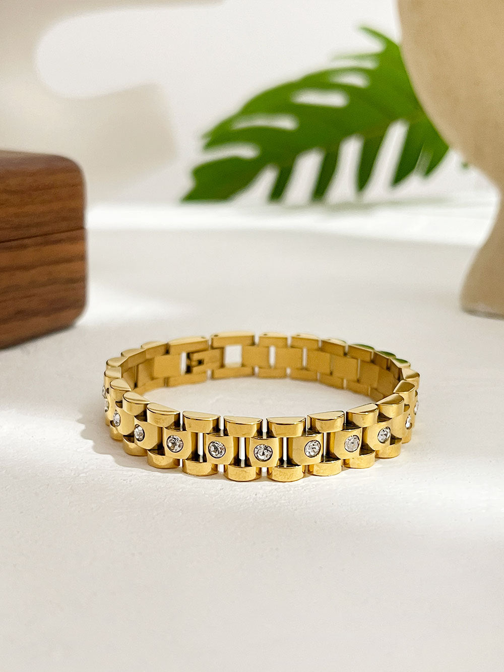 18K Gold Plated White Diamond Watch-Chain Bracelet